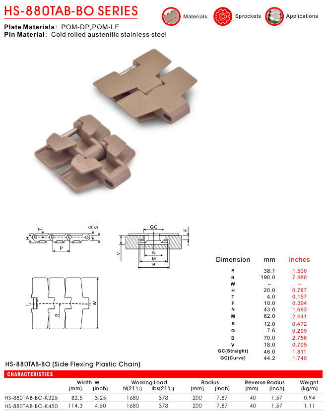 Цепь пластинчатая пластиковая серии HS-880TAB-BO